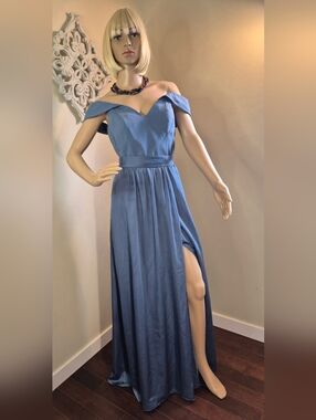 Pretty Steel Blue Off Shoulder A Line Gown Dress Davids Bridal Bridesmaid Formal